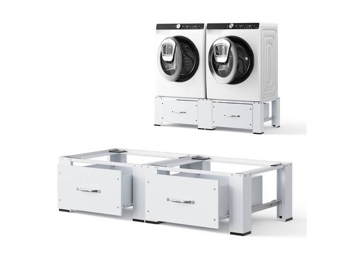 Base de machine à laver universelle blanche à double niveau avec 2 étagères, base de machine à laver 127*55*32.5cm, capacité de charge 300kg