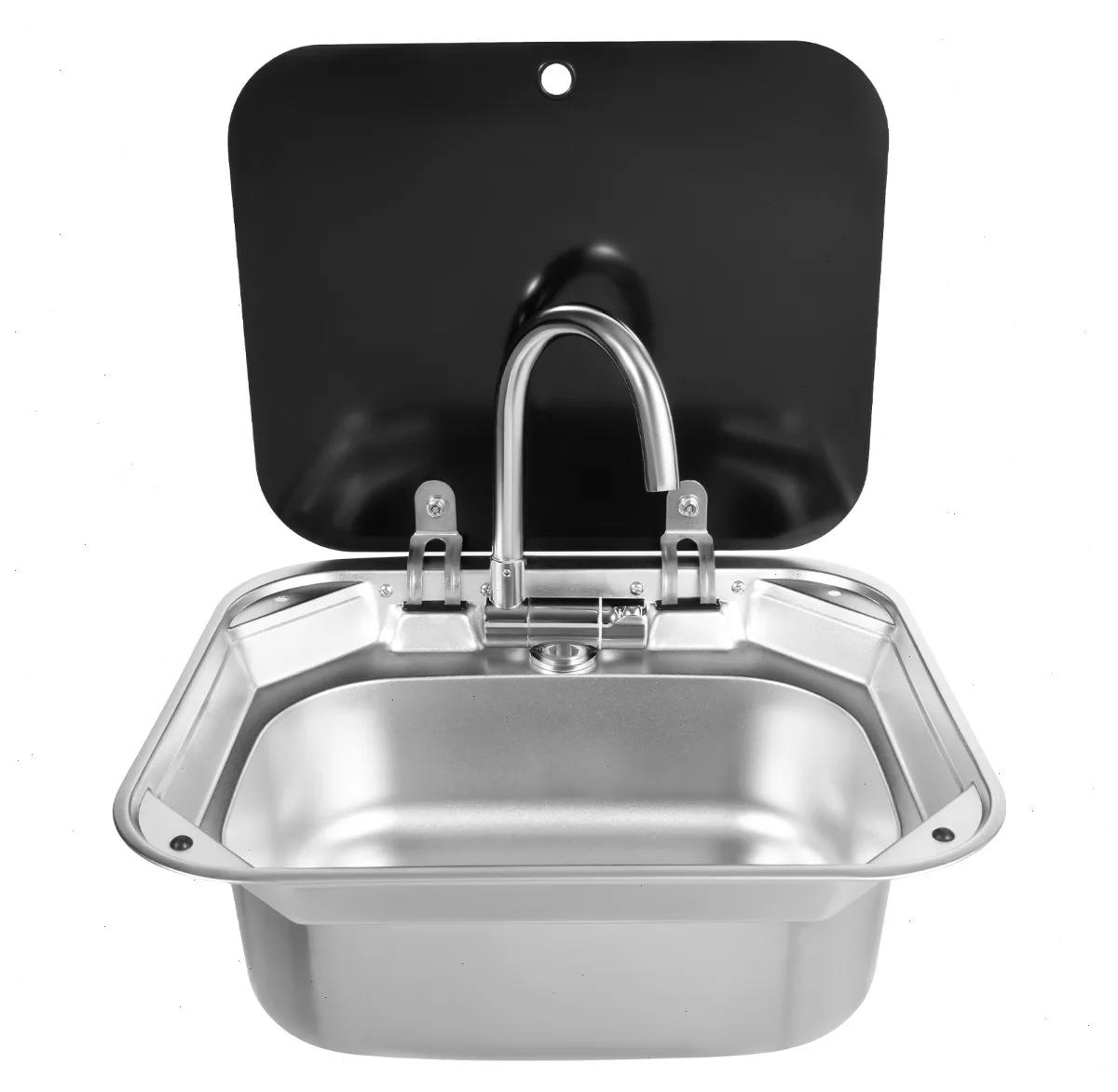 Camping Spüle - Wohnmobil Küchenspüle - 304 Edelstahl - Gehärteter Glasdeckel - Einbeckenspüle mit Wasserhahn - Kompakt 39x32 cm - Silber