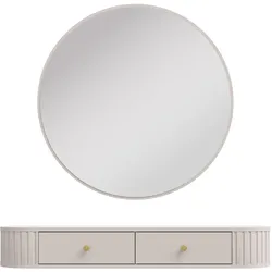KONSOLENTISCH Halay Beige 2 Schubladen mit runden Kanten + Rund Spiegel 100 cm