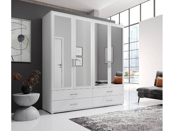 Armoire à portes battantes Insull 180cm Blanc/Blanc 4 miroir