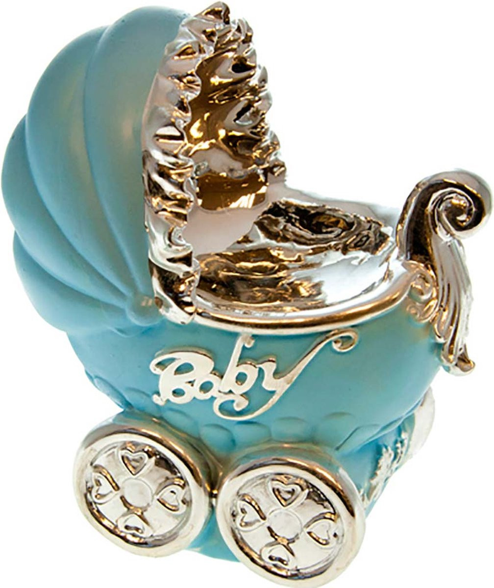 Wieg Baby Spaarpot Blauw met Zilver, Hoogte: 13 cm