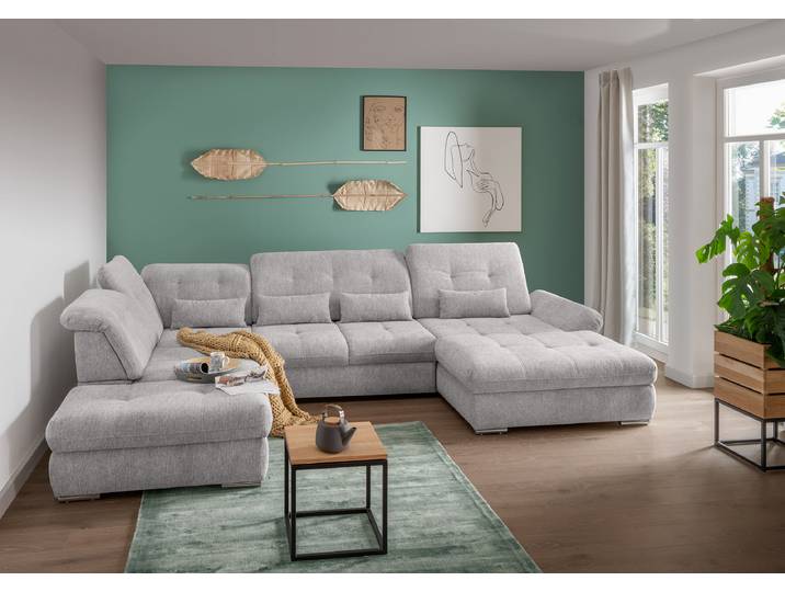 Wohnlandschaft mit Schlaffunktion Grau Webstoff Jimin 376 x 86 x 254cm Longchair davorstehend rechts / Ottomane links mit Schlaffunktion Modern