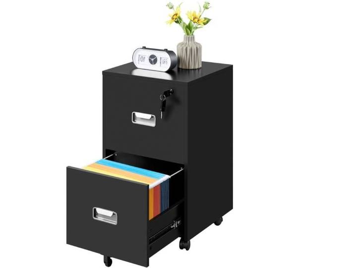Yaheetech Caisson de Bureau Industriel en Bois avec Roulettes et 2 Tiroirs Noir