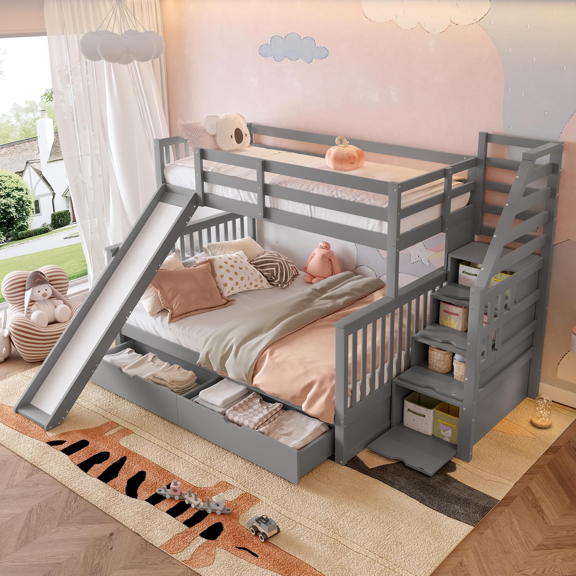 Etagenbett, 90 x 200 über 140 x 200 , Mit Schubladen, Stauraum und Rutsche, Multifunktional, Grau