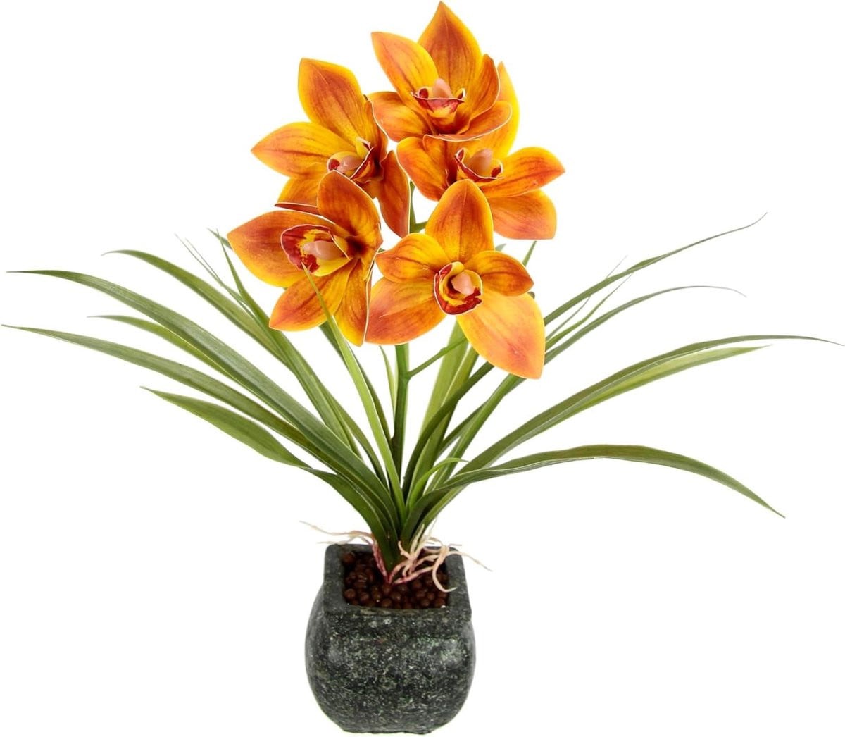 Kunstorchidee Cymbidium met zijden bloemen en levensechte details, Oranje, Hoogte: 40 cm