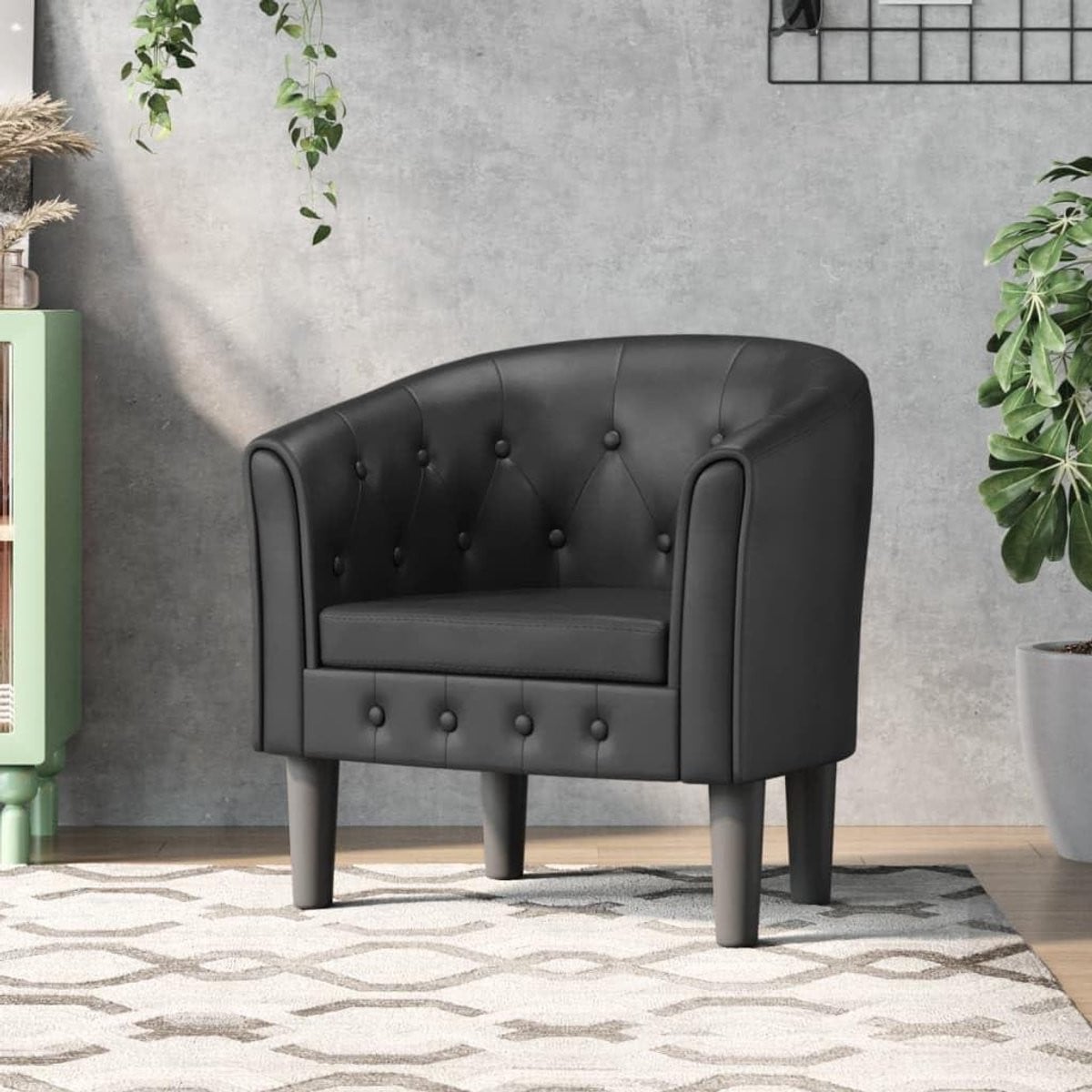 Moderne Clubstoel - Elegante Lounge Fauteuil met Knoopstiksels - Zwart
