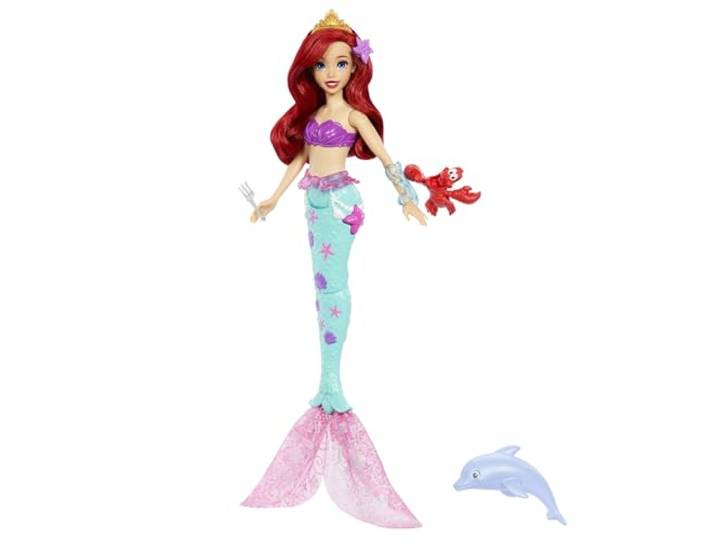 Mattel Disney prinses Ariel zwemmen zeemeermin mode pop met dolfijn water squirter, Sebastian figuur & 4 accessoires, Ocean Friends waterspeelgoed