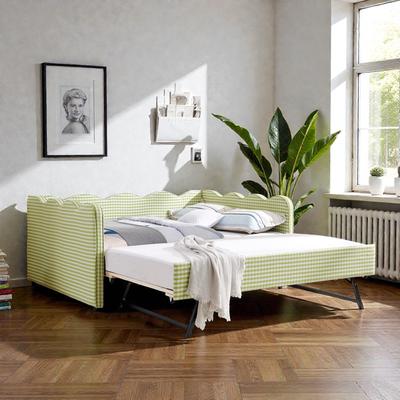 Fundinbaths Full Size Gingham Daybed with Twin Trundle, Linen Sofa Bed with USB Port and Wave Shaped Design