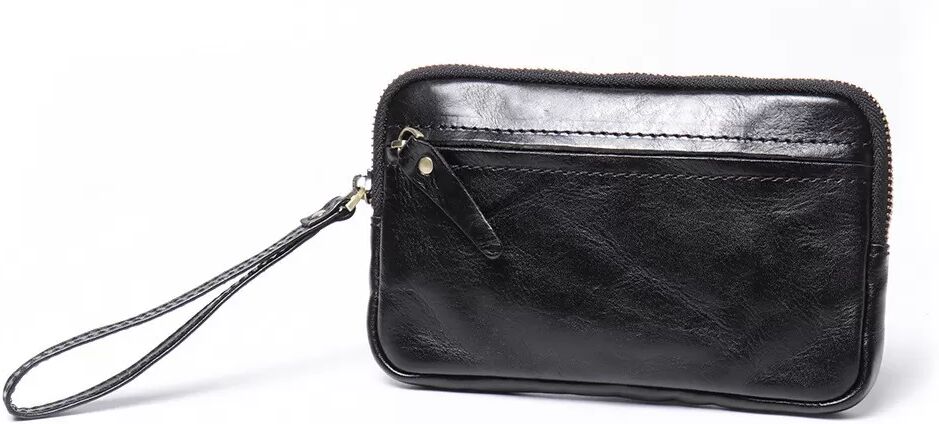 INF Grande pochette zippée en cuir de vachette pour pièces de monnaie et clés Le noir