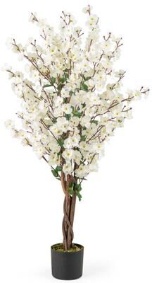 Costway Faux Plum Blossom Plant with White Fabric Flower and Solid Wood Trunk-White