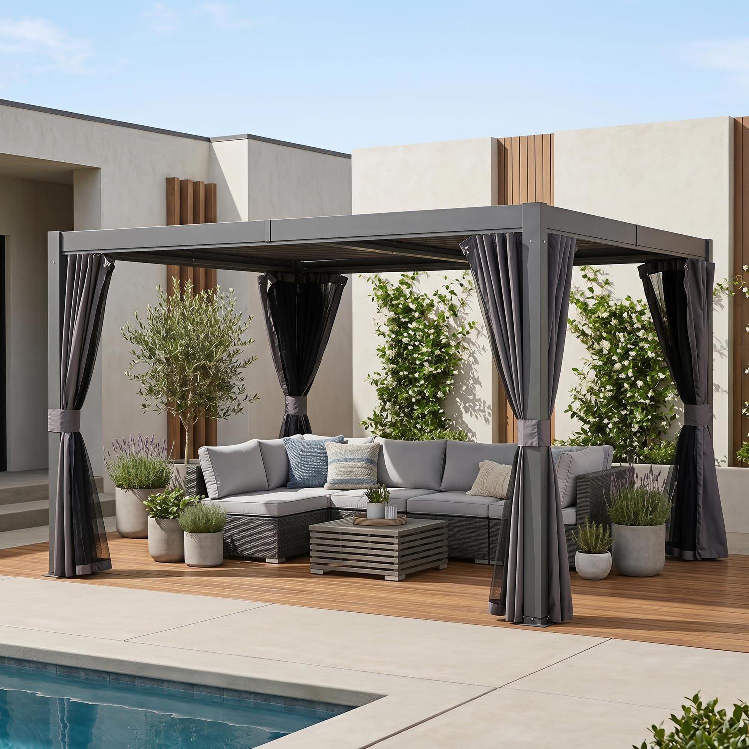 Pavillon 3m x 3,6m Aluminium Grau Wasserdicht Lamellendach Entwässerungssystem Moskitonetz Vorhänge