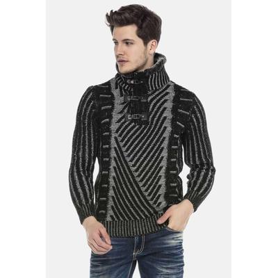 Strickpullover CIPO & BAXX "Pullover", Herren, Gr. XL, schwarz (schwarz, grau), 100% Polyacryl, gestreift, Basic, regular fit, Rippstrickbündchen, Pullover Strickpullover, mit Schnallenkragen, CP212