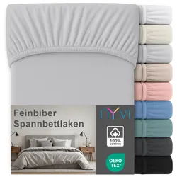 NYVI Feinbiber Spannbettlaken Deluxe für Matratzen bis 25 cm Steghöhe - Extra Warm & Weich, 100% Baumwolle, Bügelfrei, Vorgekrumpft Farbe:Silber;Größe:90x200 cm