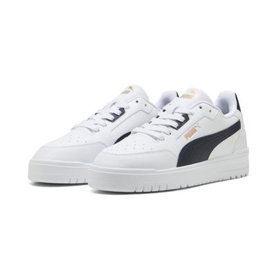 Sneaker PUMA "SHUFFLE DOWNTOWN", Damen, Gr. 45, Textil, weiß (puma weiß, new navy, puma gold), Synthetik, Schuhe Sneaker, leicht profilierte Gummilaufsohle, Schnürverschluss