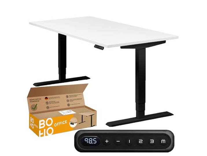 boho office® Homedesk Schreibitsch elektisch höhenverstellbar Homedesk - Tischgestell Schwarz, Tischplatte 160x80 Weiß - 2 Motoren, Memoryfunktion, Kollisionsschutz, Kindersicherung