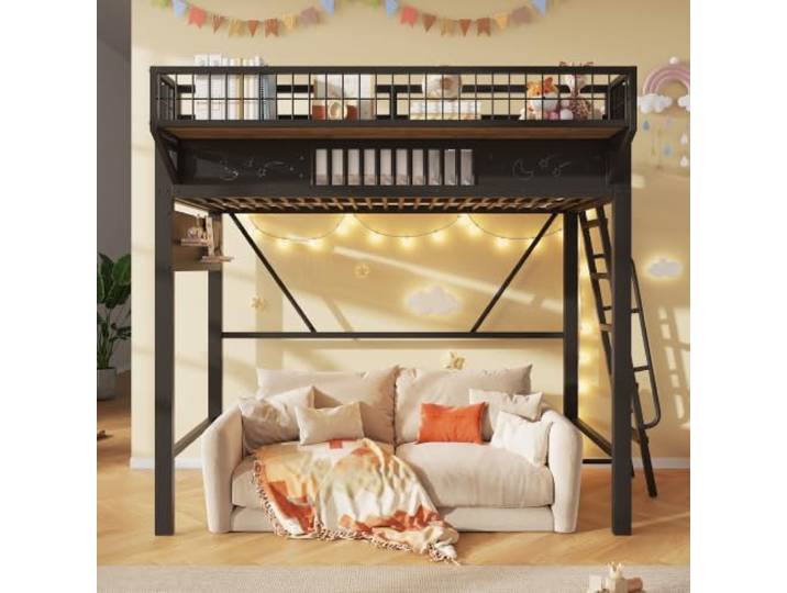 Bellemave Metall Hochbett 90x200,Staufächern,offene untere Ebene,Schwarz Sicherheitsgeländer, seitliche Staufächer, Treppe links-rechts montierbar, individuell nutzbarer unterer Bereich