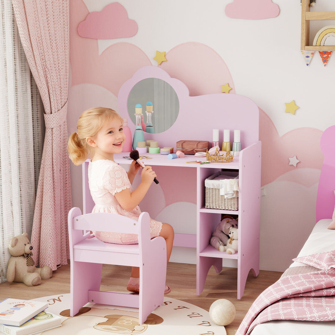 17 Stories AIYAPLAY Kids Dressing Table with Mirror, Stool, Vanity Table, Purple Purple 92.5cm H X 70cm W X 39cm D