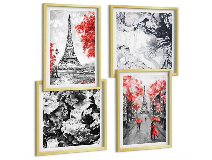 BILDER SET 4er Set - 50x50 cm & 40x60 cm Goldrahmen - graue Gemälde des Eiffelturms