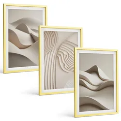 BILDER SET 3er Set - 40x60 cm Goldrahmen - Abstrakte beige Wellen