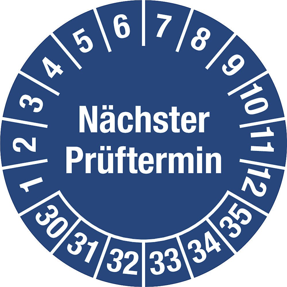 kaiserkraft Nächster Prüftermin, Mehrjahreszahlen, Dokumentenfolie, Ø 20 mm, 30 - 35, blau