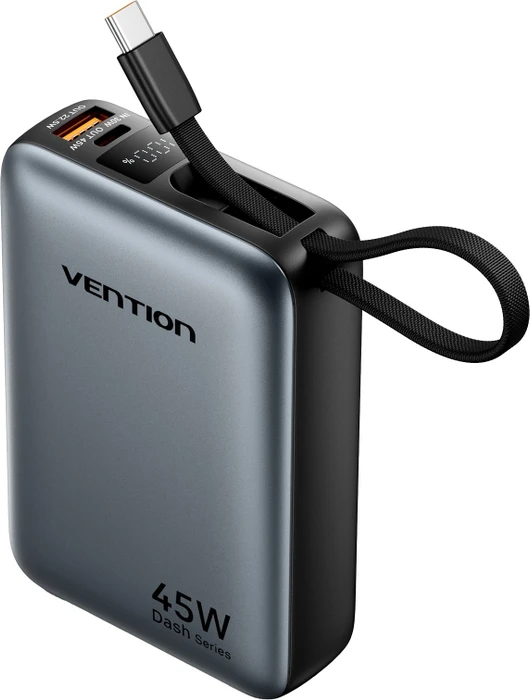 Vention 20 000 mAh Mini Powerbank (USB-C + USB-C/USB-A) mit integriertem USB-C-Kabel 45 W Grau Unive