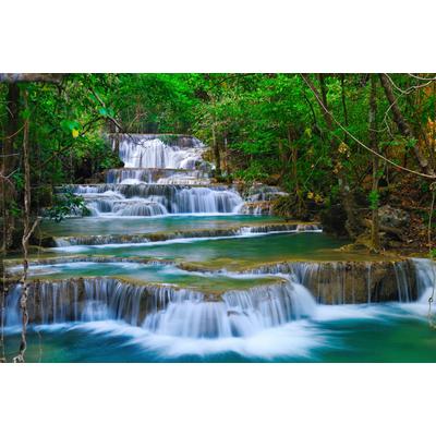 Fototapete PAPERMOON "WASSERFALL-BÄUME FLUSS SEE STEINE BLUMEN BERGE SONNE", bunt, B:4,5m L:2,8m, Vlies, Tapeten