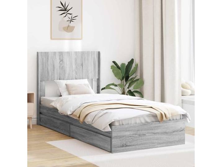 RJPLMFV Bettgestell mit Stauraum und Kopfteil, Grau Holzwerkstoff, Lamellen im Lieferumfang enthalten, integrierte Aufbewahrung, modernes Design, einfache Reinigung