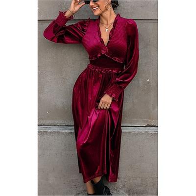 Maxikleid für Damen, Samt, Burgunderrot, lange Ärmel, V-Ausschnitt, elastische Taille, Bohemian-Stil, Abendparty, Herbst-Winter-Kleidung, elegant