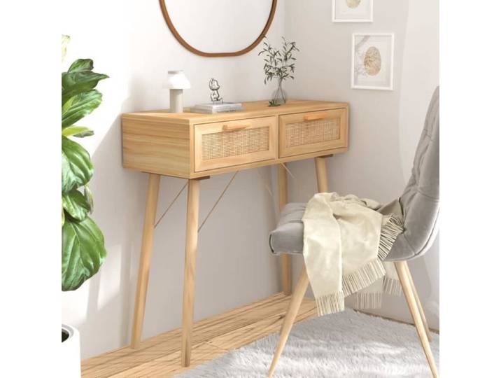 Table console - ESTINK - 80x30x75 cm - Bois massif pin - Rotin naturel - Marron