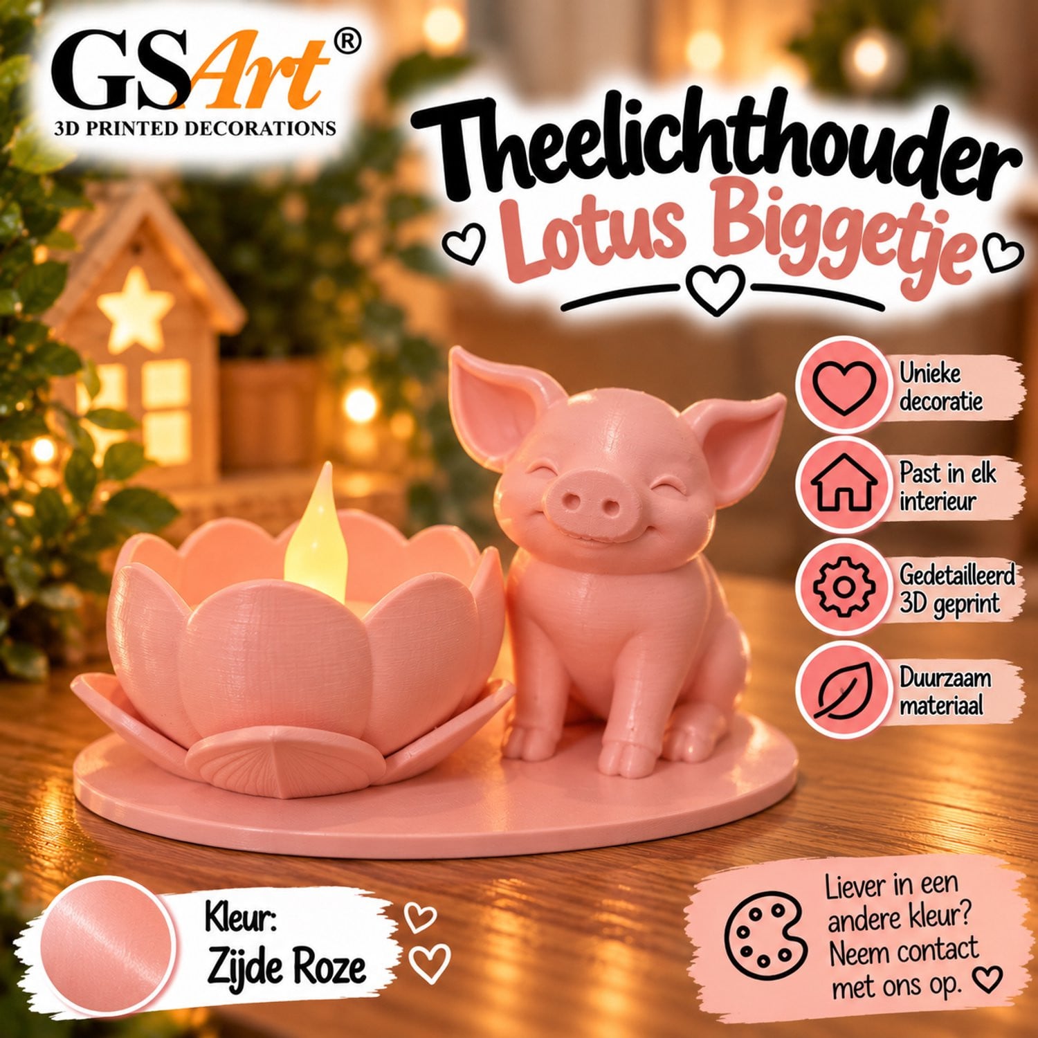 GSArt Theelichthouder Lotus Biggetje met LED theelichtje - Zijde Roze - 3D geprint