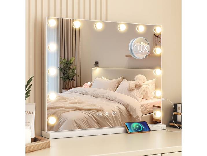 Miroir de maquillage Hollywood avec éclairage LED, miroir de coiffeuse avec 14 ampoules à intensité variable + USB, grand miroir de maquillage avec éclairage LED