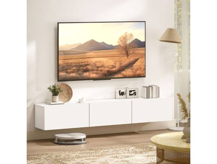 Meuble TV - SOGEU - Design flottant 180 cm - 3 tiroirs - Fixation murale - Blanc