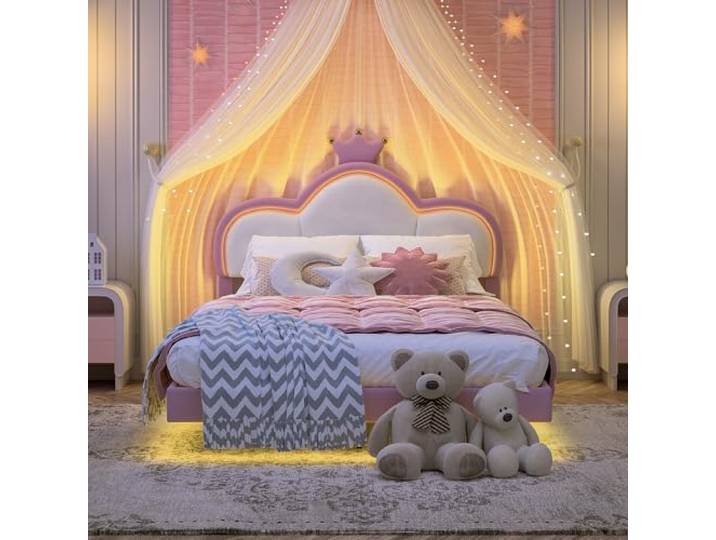 UwvEranthropy Polsterbett Einzelbett 140x200 cm für Kinder, Mädchenbett mit LED Beleuchtung & App-Steuerung, Kinderbett im Krone-Design, Höhenverstellbares Kopfteil, Samt Rosa & Weiß