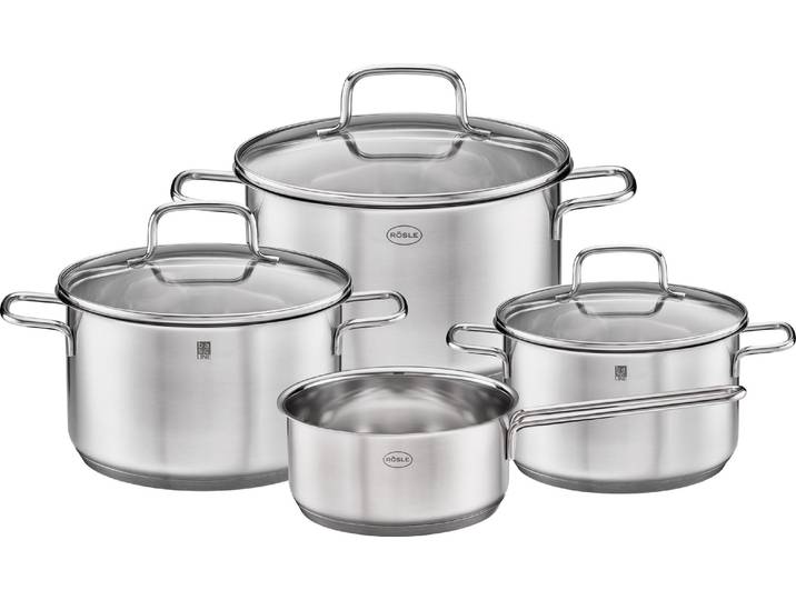 Topf-Set RÖSLE Basic Line , silber (silberfarben), Töpfe, Topf-Set, Universaltöpfe mit Schüttrand und Glasdeckel, Induktion