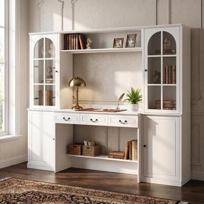FUFU&GAGA Hutch Desk with Storage Cabinets & Drawers, Large Computer Desk with Hutch, Home Office Workstation Desk with Glass Doors, White