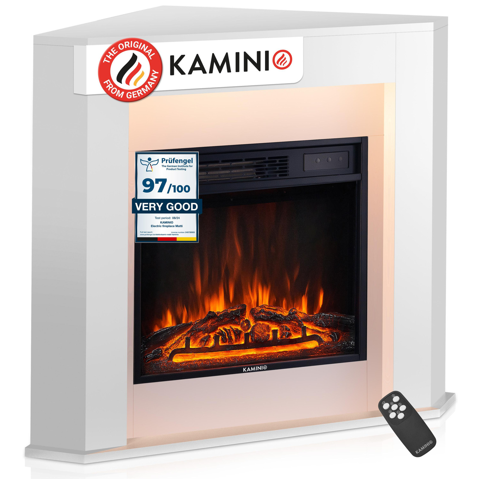 KAMINIO Elektrische hoekhaard MATTI met 3D-vlammeffect, LED-omgevingsverlichting en afstandsbediening, wit
