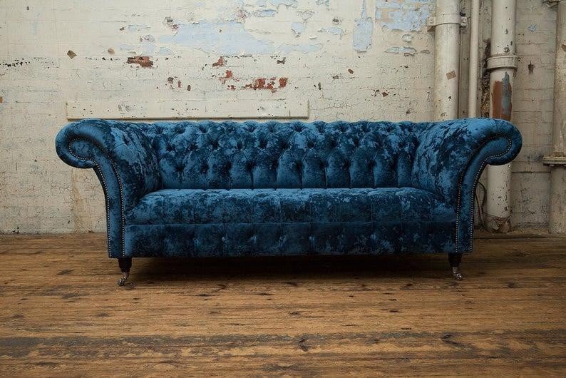 Luxus Chesterfield 3-zits bank in blauwe textiel design