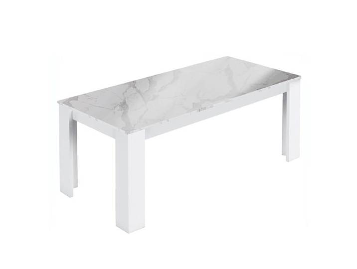 CHRIS WHITE - Table Repas Laquée Blanc Brillant Plateau Imitation Marbre