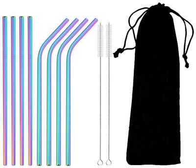 Inspired Living Rainbow Reusable Metal Straws Set With Cleaning Brush Premium Stainless Steel Drinking Straws For Cocktails, Smoothies 11pcs Rainbow
