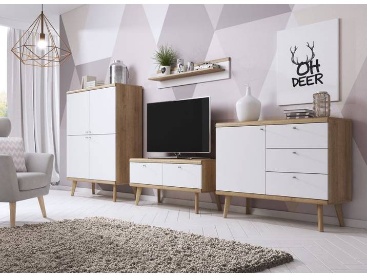 Wohnzimmer-Set Wohnzimmer Set – PRIMO – 4-teilig – Weiß / Sonoma