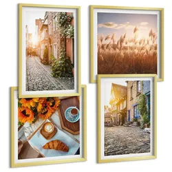 BILDER SET 4er Set - 50x50 cm & 40x60 cm Goldrahmen - Charmante Straßen mit Kaffee
