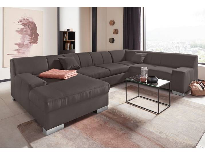 Wohnlandschaft DOMO COLLECTION Bero, elegant und zeitlos, flache Armlehnen, Breite 328cm, U-Form , grau (stone), B:328cm H:74cm T:212cm, Feinstruktur (100% Polyester);Luxus-Microfaser (100% Polyester);Zierkissen: Im jeweiligen Bezugsstoff;Struktur fein (100% Polyester), Sofas, Wohnlandschaft, fester Sitzkomfort, wahlweise mit Bettfunktion