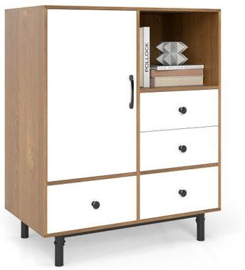 Costway Buffet Sideboard Mid Century Modern Storage Cabinet with 4 Drawers and Open Compartment-Natural