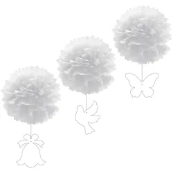 6x Pompons mit Figuren aus Papier schwer entflammbar weiß Ø30cm