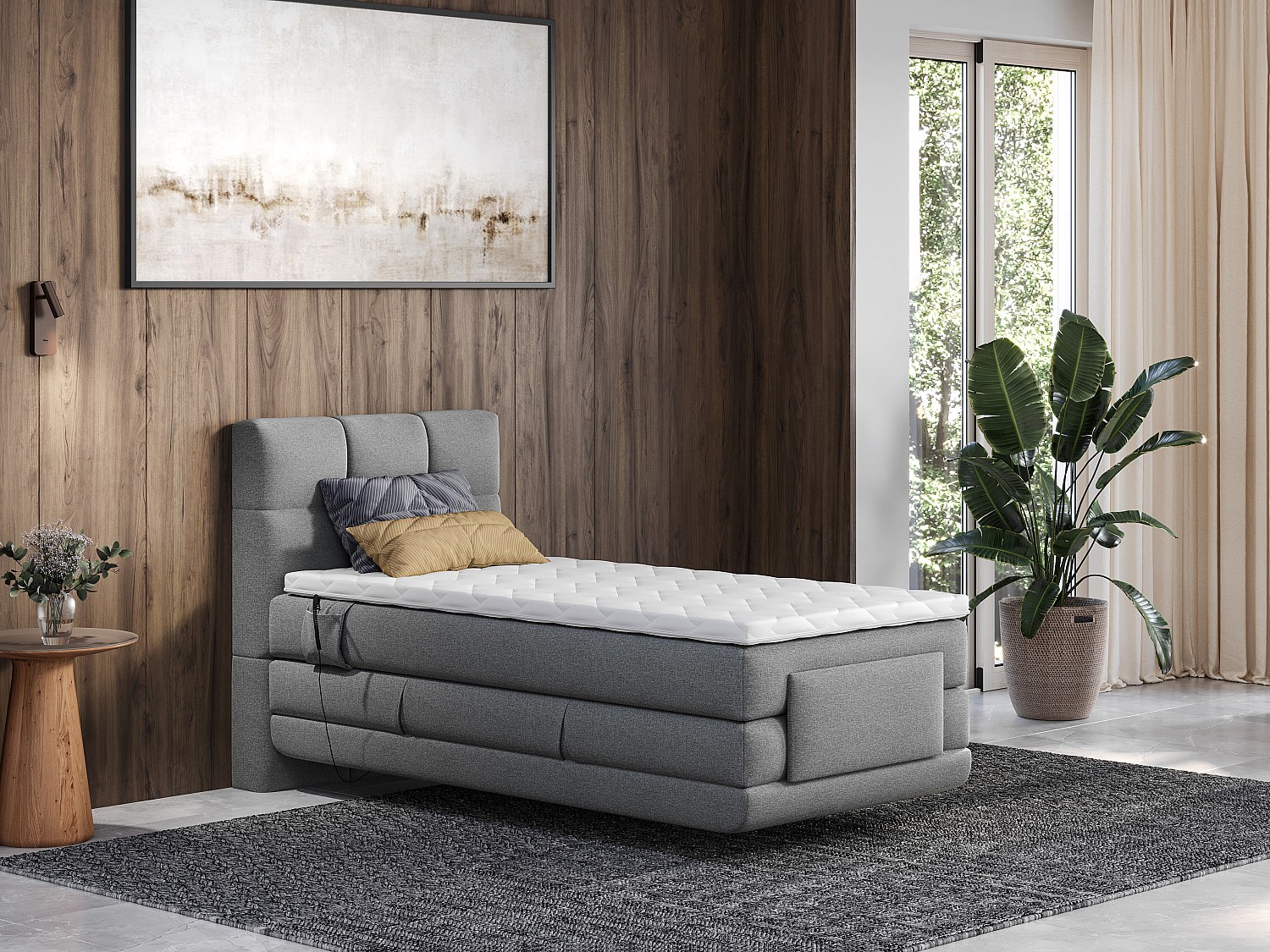 Vente-unique Boxspringbett mit gestepptem Kopfteil + elektrischem Untergestell mit Relaxfunktion + Matratze + Topper - 100 x 200 cm - Stoff - Hellgrau - LODI von PALACIO 3755589