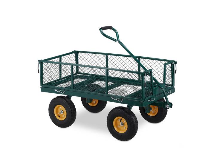 Relaxdays Handwagen Dunkelgrün Schwarz Gelb Stahl klappbare Seitenteile 250 kg, Metall, Kunststoff, 53.5x54x107 cm, Gartenzubehör, Gartenpflege