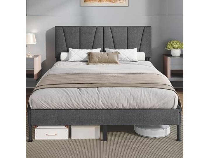 Hzuaneri Polsterbett 140 × 200 cm, Bettgestell, Doppelbettgestell mit Gepolstertem Kopfteil, Doppelbett mit Lattenrost aus Metall, Bettgestell Geeignet fürs Schlafzimmer, Dunkelgrau, BF40099B