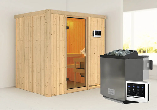 Elementsauna Karibu Bodina inkl. 9 kW -Ofen und externe Steuerung ohne Dachkranz mit bronzierter Ganzglastüre