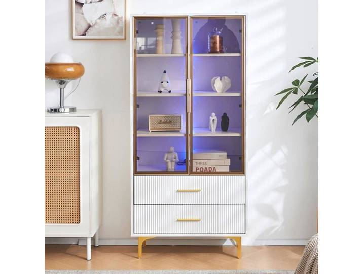 Armoire Armoire Haute sur Pied Vitrine élégante en Verre avec Deux Portes - Pieds dorés étagères Mobiles vitrine avec lumière LED