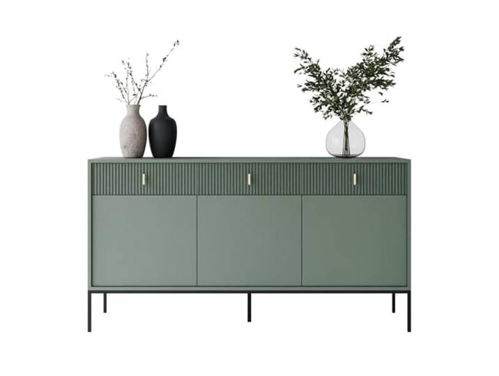 Lookway Kommode Midnight 3D3S mit DREI Schubladen und Regalfächern Schwarzes Metallgestell und Goldfarbene Dekorgriffe Breite 154,5 cm Modernes Wohnzimmermöbel (Grün)